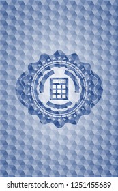calculator icon inside blue polygonal emblem.