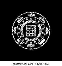 calculator icon inside chalk emblem written on a blackboard