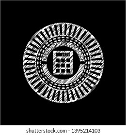 calculator icon inside chalkboard emblem written on a blackboard