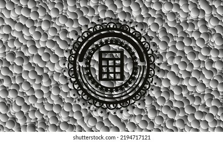 calculator icon inside dark emblem with grey bubbles background. Retro. Vector Illustration. Detailed. 