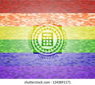 calculator icon inside emblem on mosaic background with the colors of the LGBT flag