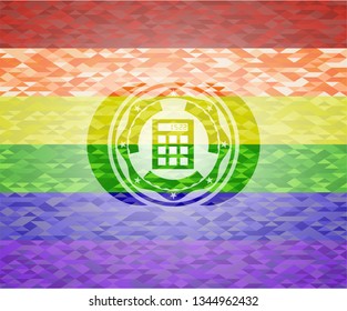 calculator icon inside emblem on mosaic background with the colors of the LGBT flag