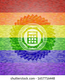 calculator icon inside emblem on mosaic background with the colors of the LGBT flag