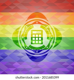 calculator icon inside emblem on mosaic background with the colors of the LGBT flag. 