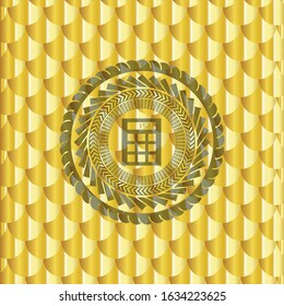 calculator icon inside gold emblem or badge. Scales pattern. Vector Illustration. Detailed.