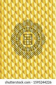 calculator icon inside gold shiny emblem. Scales pattern. Vector Illustration. Detailed.