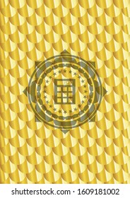 calculator icon inside gold shiny badge. Scales pattern. Vector Illustration. Detailed.