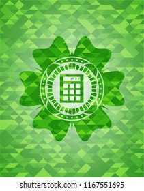 calculator icon inside green emblem with mosaic background