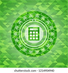 calculator icon inside green emblem with mosaic background