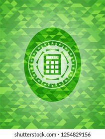 calculator icon inside green emblem. Mosaic background