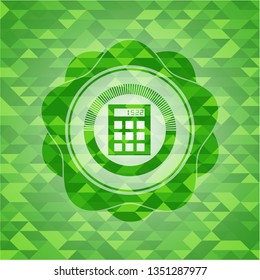calculator icon inside green emblem. Mosaic background
