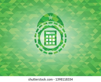 calculator icon inside green emblem with mosaic background