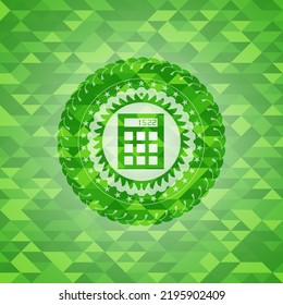 calculator icon inside green emblem with mosaic ecological style background. 