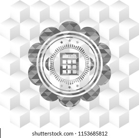 calculator icon inside grey badge with geometric cube white background