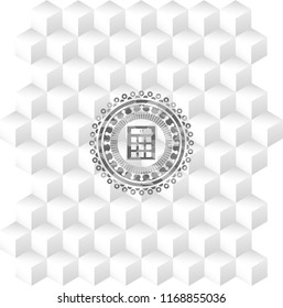 calculator icon inside grey badge with geometric cube white background