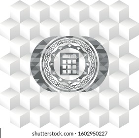 calculator icon inside grey badge with geometric cube white background