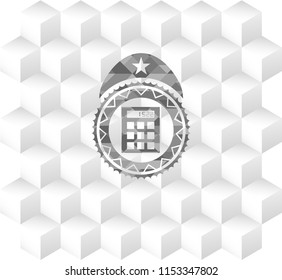 calculator icon inside grey emblem. Retro with geometric cube white background