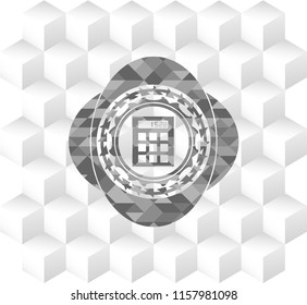 calculator icon inside grey emblem with geometric cube white background