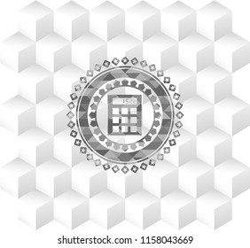 calculator icon inside grey emblem with cube white background