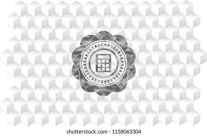 calculator icon inside grey icon or emblem with geometric cube white background