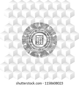 calculator icon inside grey icon or emblem with geometric cube white background