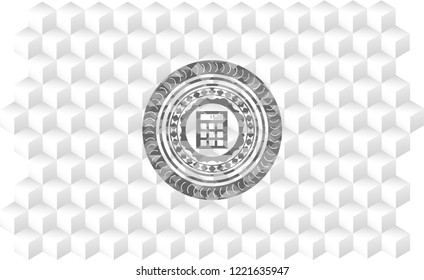 calculator icon inside grey icon or emblem with geometric cube white background