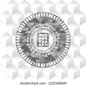 calculator icon inside grey emblem with cube white background