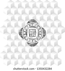 calculator icon inside grey emblem with cube white background