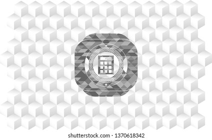 calculator icon inside grey emblem. Retro with geometric cube white background