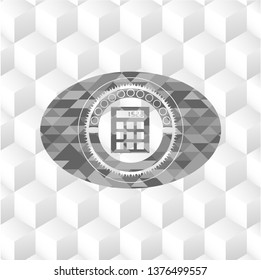calculator icon inside grey emblem. Retro with geometric cube white background