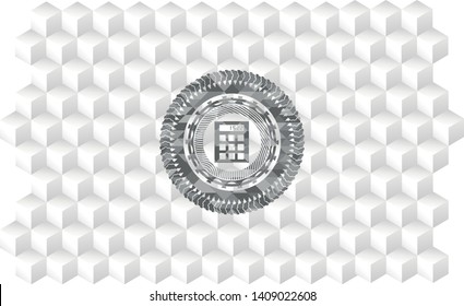 calculator icon inside grey emblem. Vintage with geometric cube white background