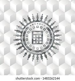calculator icon inside grey emblem. Vintage with geometric cube white background