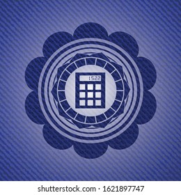 calculator icon inside jean or denim emblem or badge background
