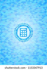 calculator icon inside light blue emblem with mosaic background