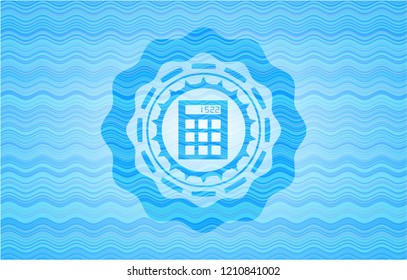 calculator icon inside light blue water emblem background.