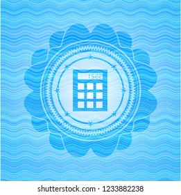 calculator icon inside light blue water style emblem.