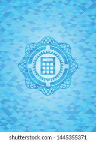 calculator icon inside light blue mosaic emblem