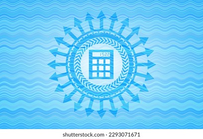 calculator icon inside light blue water wave badge background. 