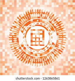 calculator icon inside orange tile background illustration. Square geometric mosaic seamless pattern with emblem inside.