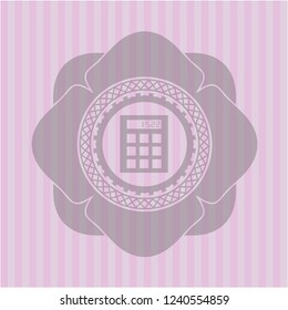 calculator icon inside pink emblem. Retro