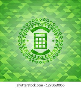 calculator icon inside realistic green emblem. Mosaic background