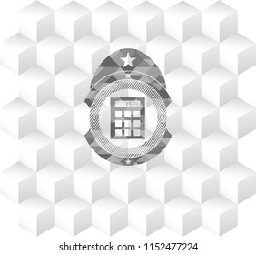 calculator icon inside realistic grey emblem with cube white background