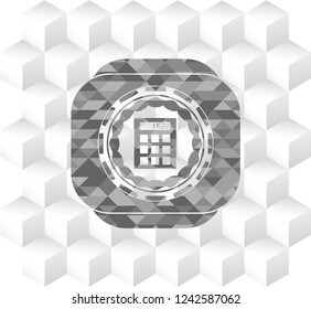calculator icon inside realistic grey emblem with geometric cube white background