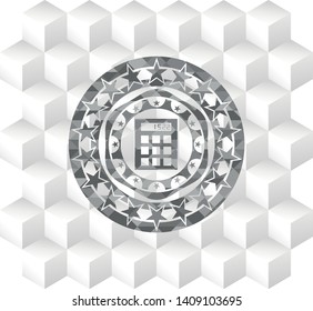 calculator icon inside realistic grey emblem with cube white background