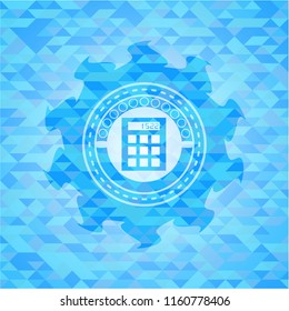 calculator icon inside realistic light blue mosaic emblem