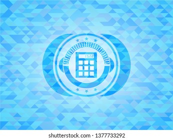calculator icon inside realistic light blue emblem. Mosaic background