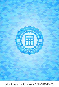 calculator icon inside realistic light blue emblem. Mosaic background