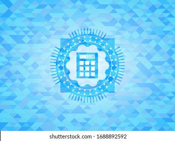 Taschensymbol in realistischem Himmelblau-Emblem. Mosaikaner Hintergrund