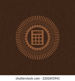 calculator icon inside realistic wood emblem. 