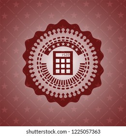 calculator icon inside red emblem. Retro